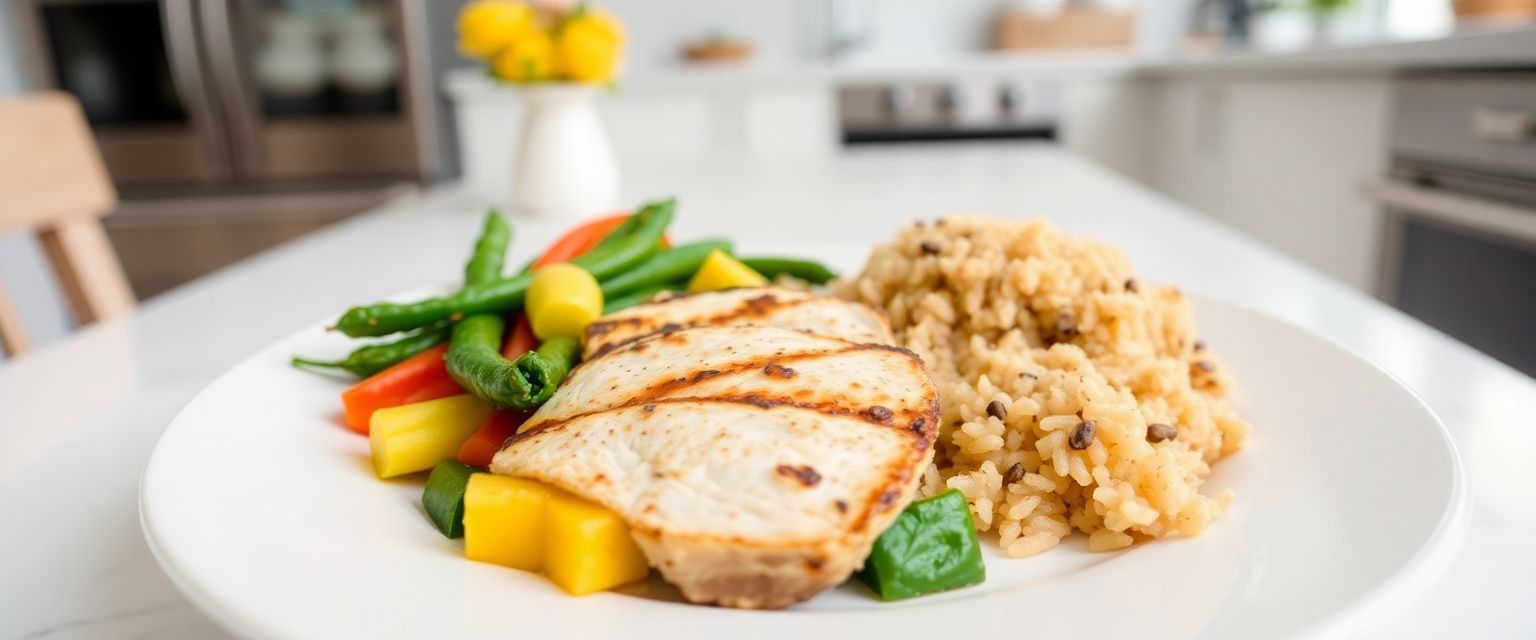 Portion-controlled meal with grilled chicken, vegetables, and brown rice for healthy weight loss.