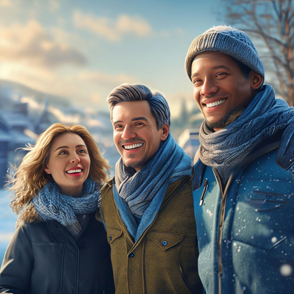 A photorealistic image of three people smiling and enjoying an outdoor walk together in a scenic winter setting, symbolizing community and shared success