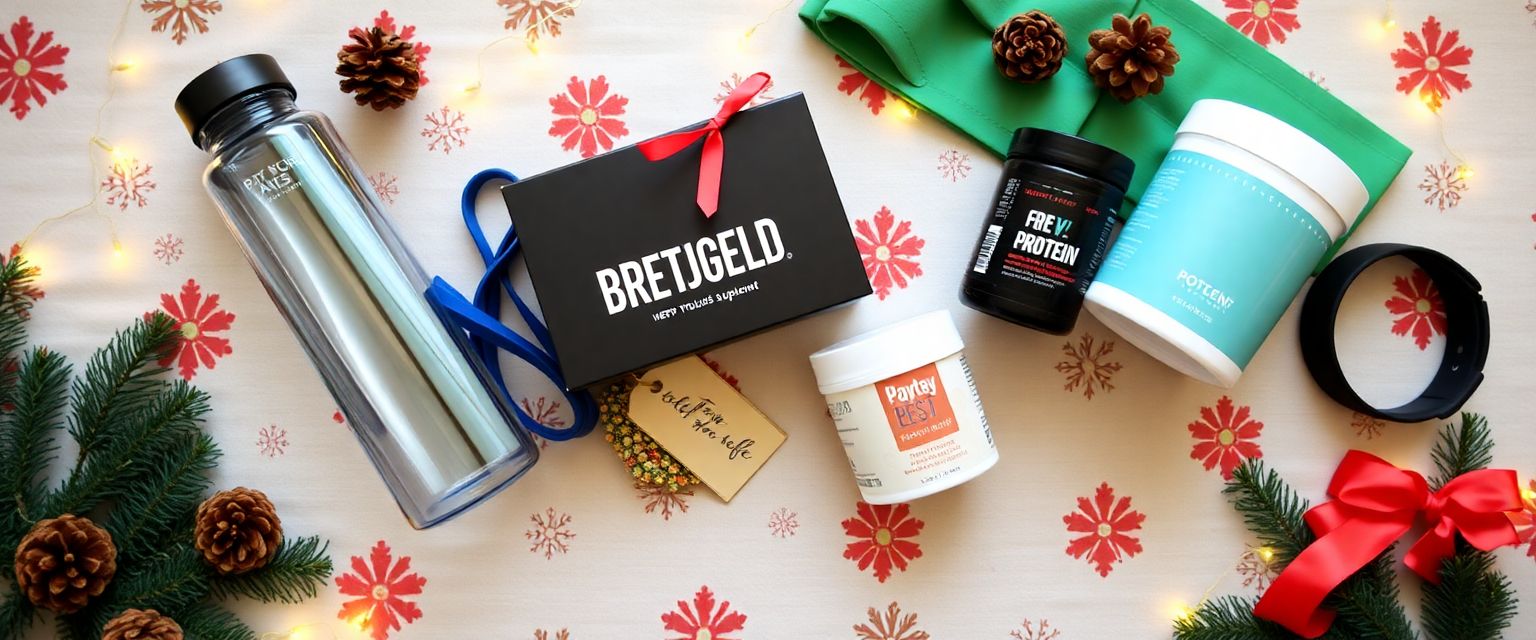 image of a holiday-themed fitness gift bundle, featuring resistance bands, protein bars, and a fitness tracker, perfect for supercharging a weight loss challenge.