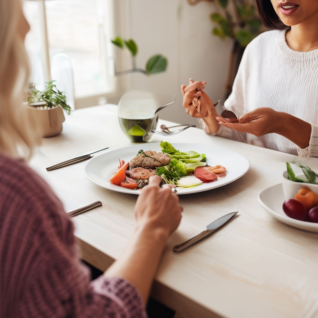Individual practicing mindful eating at the dining table.