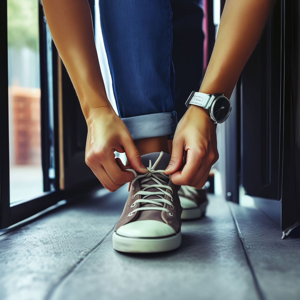 showing someone lacing their shoes up getting ready to walk out of the door