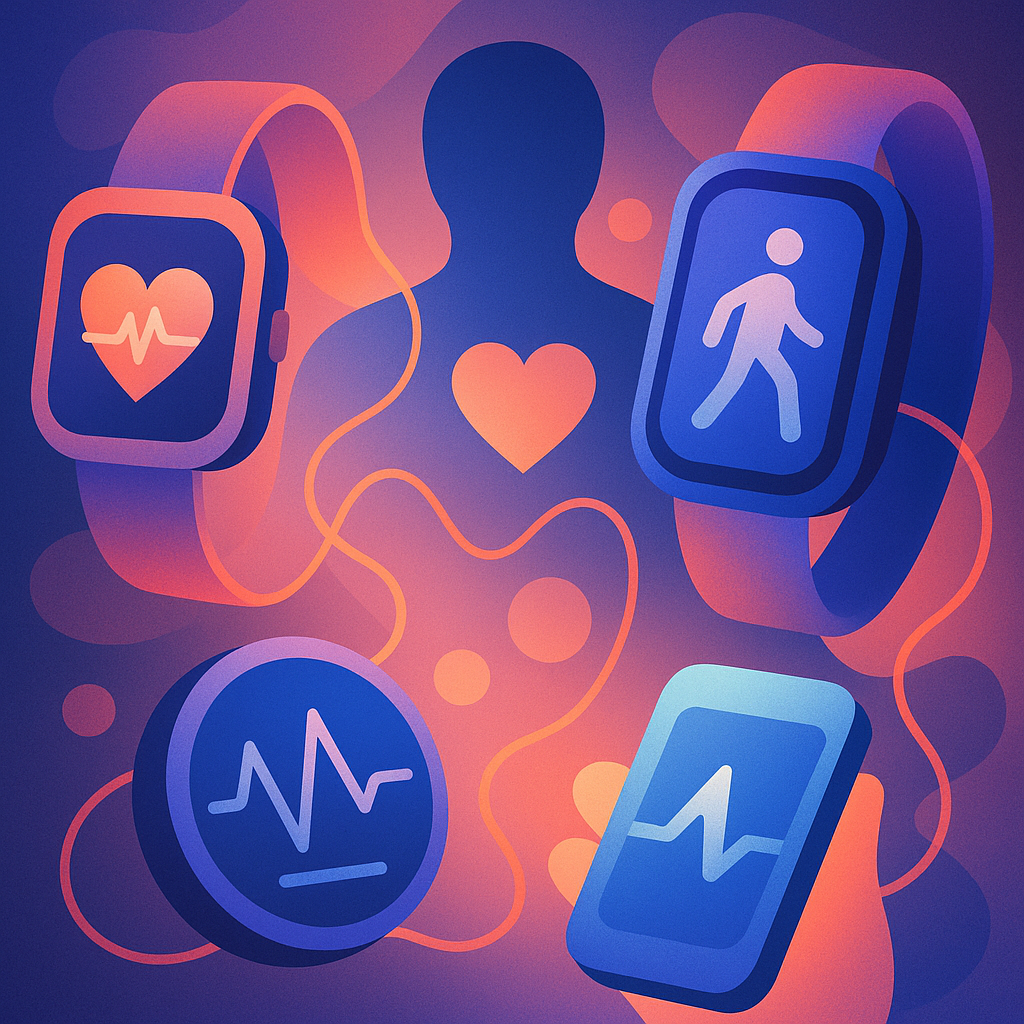 middle aged couple checking fitness trackers during walk