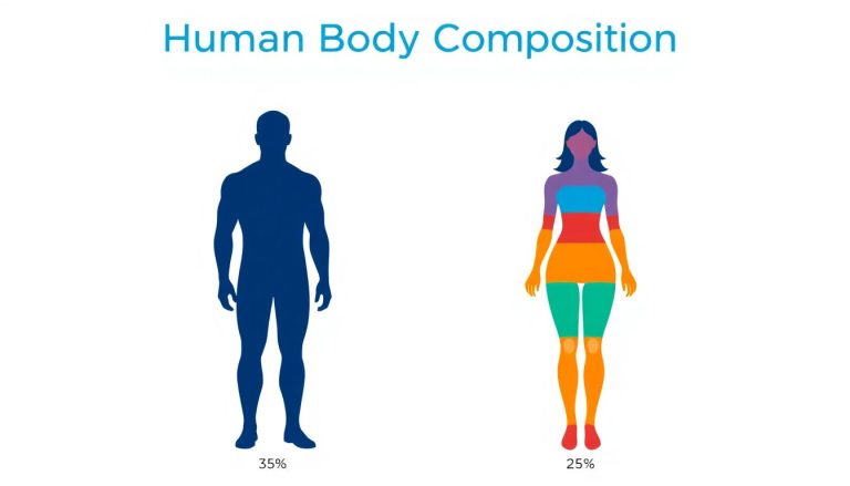 A simple body composition infographic comparing a male and female silhouette. The male figure is shown in a solid navy blue with a label of 35%, while the female figure is divided into colorful sections representing different components of body composition and labeled 25%. The graphic highlights visual differences in how body composition can vary between men and women.