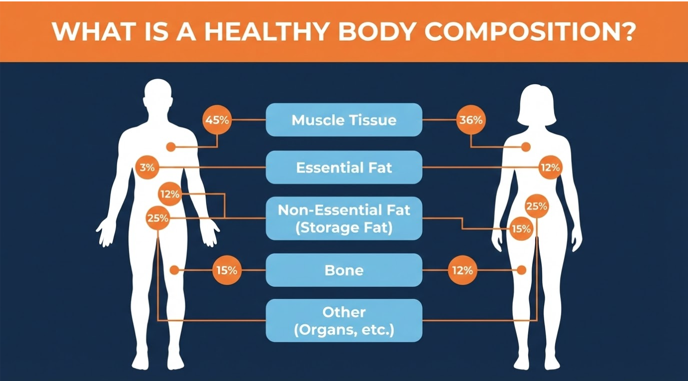 understand muscle tissue, essential fat, storage fat, bone, and organ percentages for men and women—why body composition matters more than the scale.