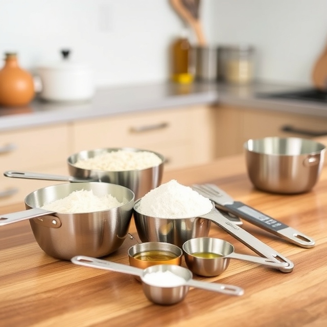 Accurate portion control using measuring cups and spoons on a kitchen counter.