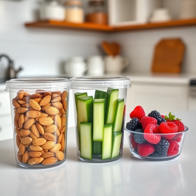 Pre-portioned snack containers with almonds, cucumbers, and berries, showing how portioning snacks can aid in weight management and mindful eating.