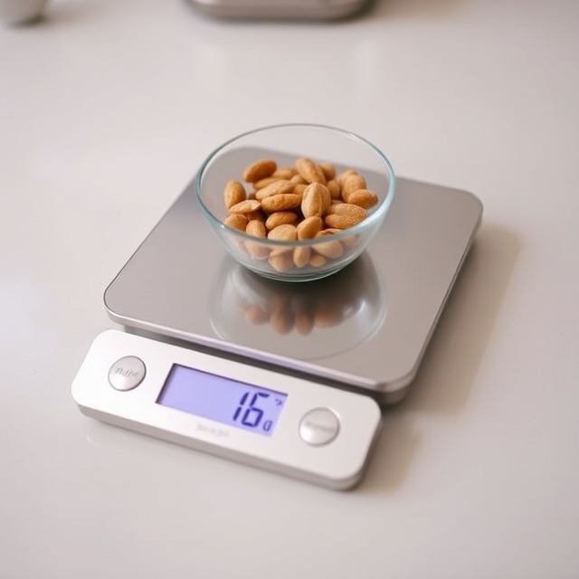 Compact digital food scale measuring nuts for portion control.