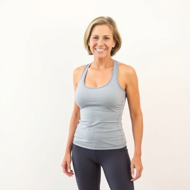 Imagine a woman in her mid-30s standing in front of a well-lit, neutral-colored wall, wearing a fitted workout outfit (such as leggings and a tank top). She is smiling confidently, ready to document her progress. The background should be clean and minimalist, allowing the focus to remain on her. The lighting is soft but natural, creating a bright and motivating atmosphere.