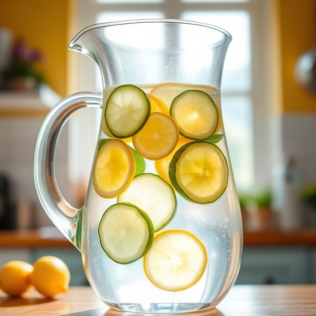 Imagine a clear glass pitcher filled with fresh water, slices of lemon and cucumber floating inside, with a vibrant kitchen background. The sunlight streams in through the window, illuminating the pitcher and creating a refreshing, inviting image that makes you want to hydrate instantly.