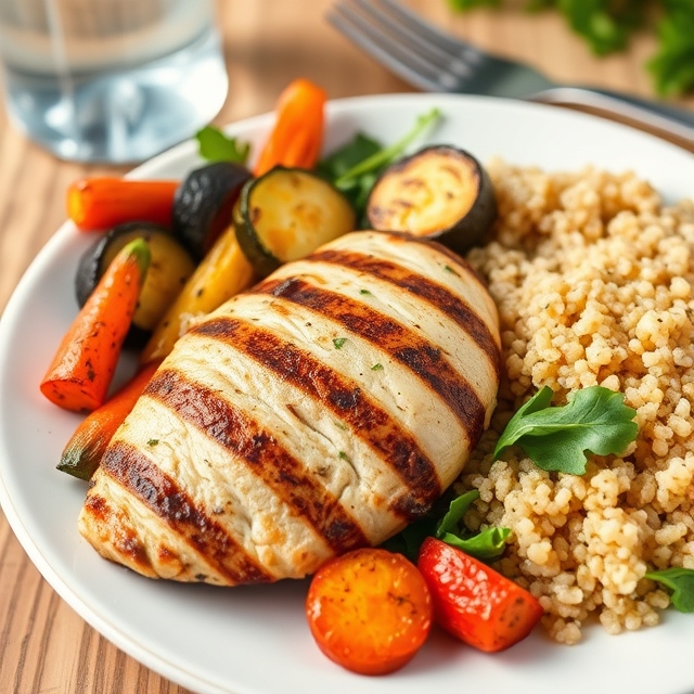 A close-up of a fresh, colorful plate of food featuring grilled chicken breast, a variety of vegetables (like roasted carrots, zucchini, and leafy greens), and a serving of quinoa. The meal is well-balanced, with vibrant colors and steam rising from the plate, giving it a warm, inviting look. A water bottle and a fork are nearby, ready for a healthy and satisfying meal.