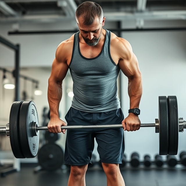 A man in his late 30s, with a slight belly and muscular arms, stands in front of a loaded barbell. His stance is firm, feet shoulder-width apart, and he's bending down with an overhand grip on the bar. He's wearing a snug-fitting grey tank top that slightly hugs his belly, dark blue athletic shorts, and black weightlifting shoes. His expression is focused, and you can see veins slightly popping on his forearms. The room is a brightly lit, modern gym with free weights visible in the background.