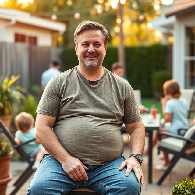 Imagine a man in his late 30s, sitting on a backyard patio with his family. He’s wearing a casual T-shirt and jeans, with a slight belly but overall looking healthy and relaxed. His kids are playing in the background, and he's enjoying a moment of calm with a soft smile. The lighting is warm, reflecting the late afternoon sun, giving a sense of comfort and well-being.