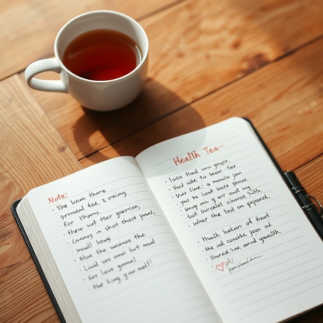 A serene scene of a journal open on a wooden table with a cup of herbal tea nearby, as if someone has just been writing in it. The journal has notes written neatly, with small hearts or stars drawn beside motivational quotes, showing a positive and mindful approach to health.