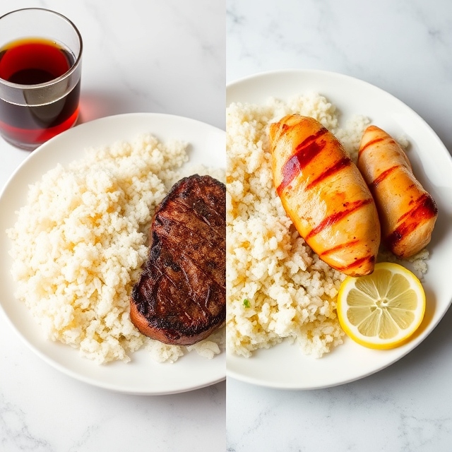 A split image showing two plates side-by-side. One plate has white rice, soda, and steak. The other plate has cauliflower rice, grilled chicken breast, and a glass of herbal tea with lemon. The healthy plate appears brighter and more vibrant.