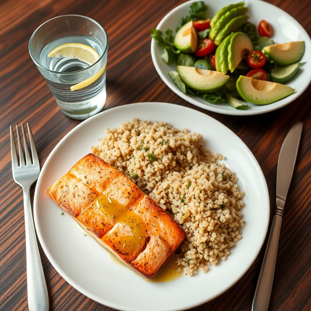 Picture a well-laid-out table with a balanced meal—grilled salmon, a side of quinoa, and a vibrant salad with avocado and olive oil dressing. A glass of water with lemon sits beside it. The meal is simple but appetizing, showcasing how delicious and satisfying healthy eating can be without feeling like you’re on a diet.