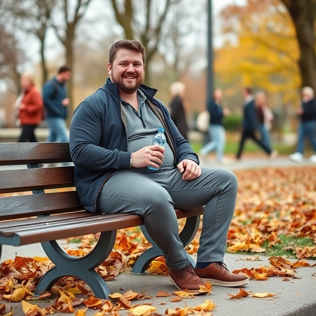 A man in his mid-30s with a dad bod, sitting on a bench at a park, casually enjoying a peaceful moment. He’s holding a water bottle and wearing comfortable, everyday clothes. His body language is relaxed, and he’s smiling as he watches people walking by. The fall leaves around him create a warm and inviting atmosphere.