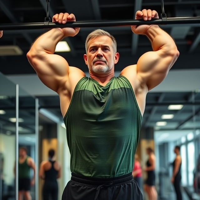 A man in his early 40s, wearing a sleeveless green shirt and black gym shorts, is mid-rep on a pull-up bar. His biceps are flexed, and his chin is nearly level with the bar. He has a noticeable build in his arms and back, with slight definition showing through his shirt. His facial expression shows concentration as he powers through the exercise. The gym around him is sleek and modern, with mirrors reflecting his form and a few people working out in the background.