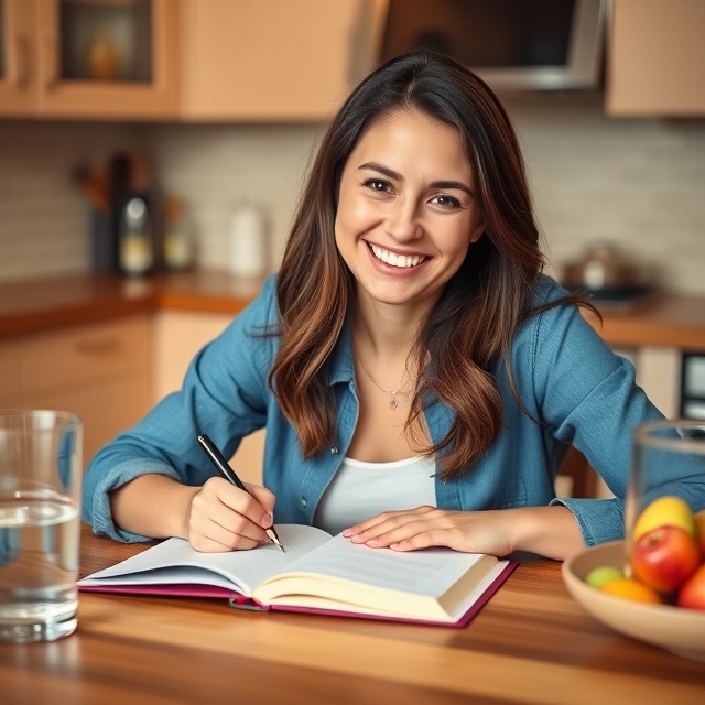 A cheerful middle-aged individual sitting at a cozy kitchen table, writing in a notebook or planner with "Goals for 10 lb Weight Loss" written at the top. The kitchen background should be warm and inviting, with a bowl of fresh fruit and a glass of water within reach.
