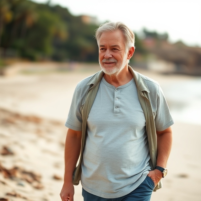 A relaxed outdoor shot of a mature individual taking a gentle walk in a scenic park or beach setting, with a calm expression. The natural surroundings suggest a sense of peace and self-compassion, underscoring the message of kindness and patience in the weight loss journey.
