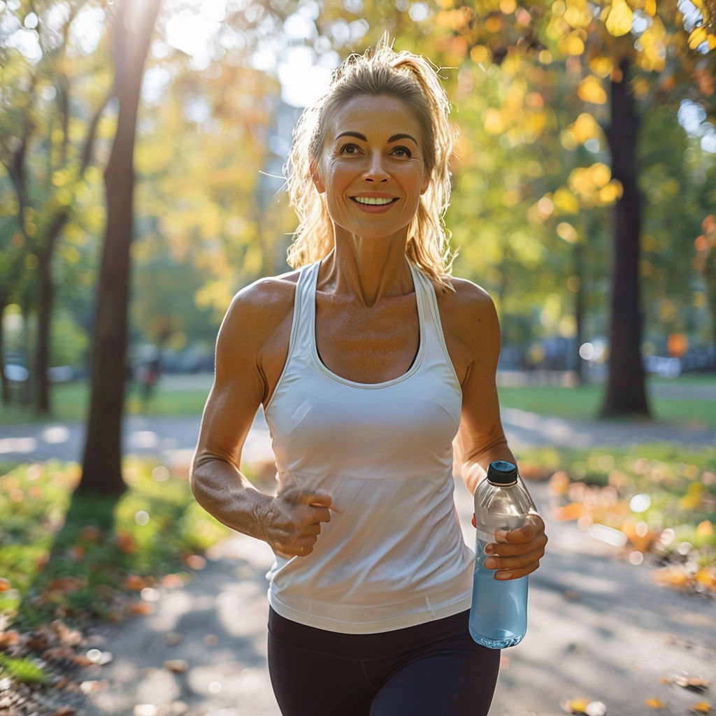 An active woman in her late 30s or early 40s, with a bright expression, walking through a park with a light bounce in her step. She is wearing workout clothes, like leggings and a tank top, and carrying a water bottle. The scene is full of life and energy, with the sun shining and autumn leaves in the background. Her body language is relaxed and confident, and she looks energized.