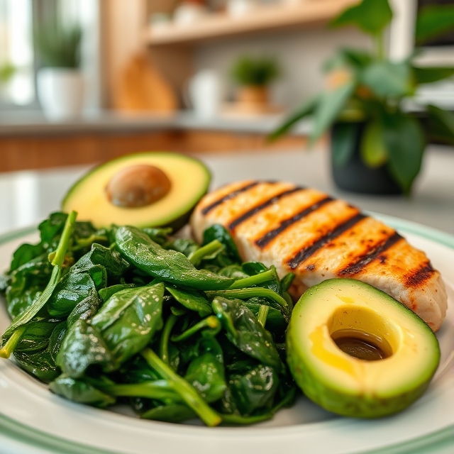 Picture a colorful plate of food: grilled chicken breast, a serving of sautéed spinach, and a perfectly sliced avocado with a drizzle of olive oil. The setting is a modern kitchen, with natural wood tones and greenery in the background, giving a healthy, clean vibe.