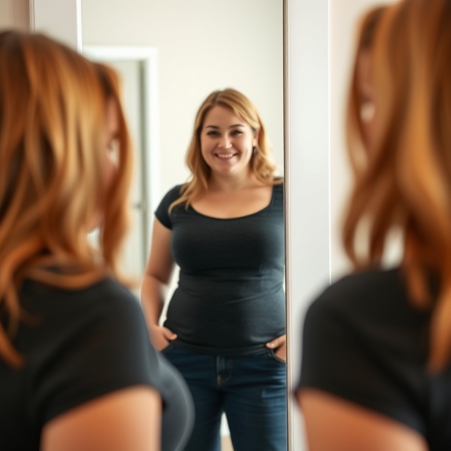 Close-up of a smiling, confident woman standing in front of a mirror, admiring her reflection. She’s wearing a casual yet flattering outfit, and there’s a soft light illuminating her face, highlighting her newfound glow and confidence after achieving her weight loss goal.