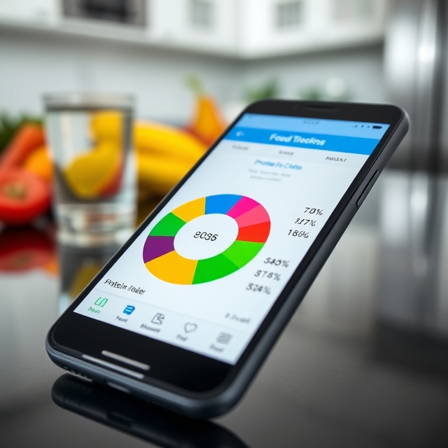 Close-up view of a smartphone screen displaying a food tracking app. A colorful pie chart breaks down daily intake of protein, carbs, and fats, with specific numbers for each. The background shows a clean, organized kitchen setup with a glass of water and fresh fruits.