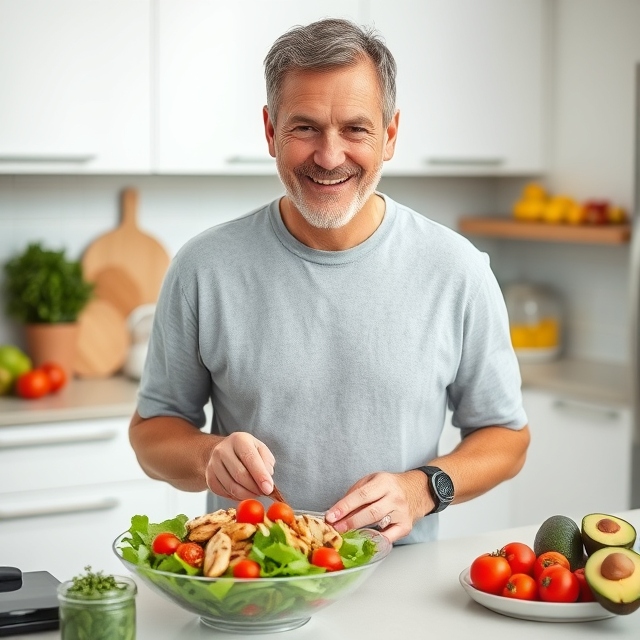 A clean, modern kitchen scene with a middle-aged man preparing a colorful salad filled with greens, cherry tomatoes, grilled chicken, and avocado. The man looks relaxed and happy, showing that eating healthy can be simple and enjoyable. The countertops are uncluttered, with fresh fruits and vegetables in the background.