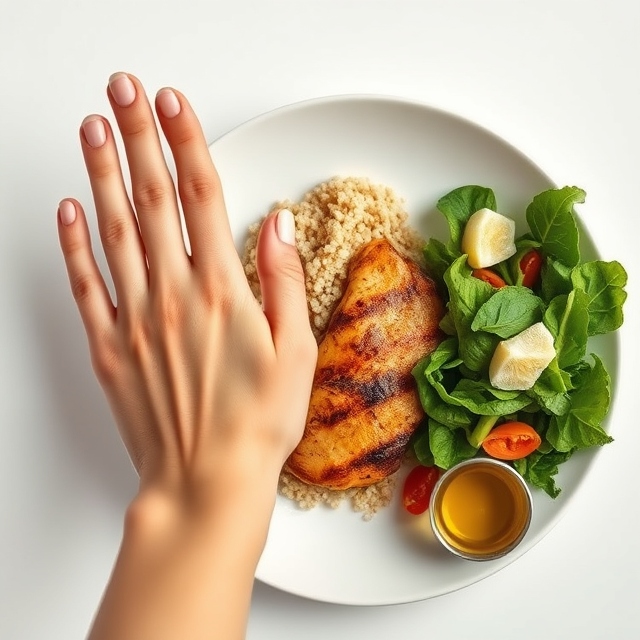 Portion control guide using hand measurement for protein, carbs, vegetables, and fats on a plate, showcasing practical ways to control portions for weight loss.