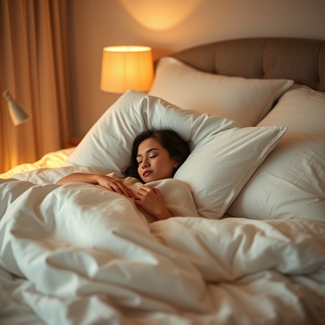 Imagine a cozy bedroom scene—soft, white linens on a large bed, dim lighting from a bedside lamp casting a warm glow over the room. A woman is comfortably tucked under the covers, her face relaxed as she peacefully drifts into sleep. The atmosphere is calm, serene, and inviting.