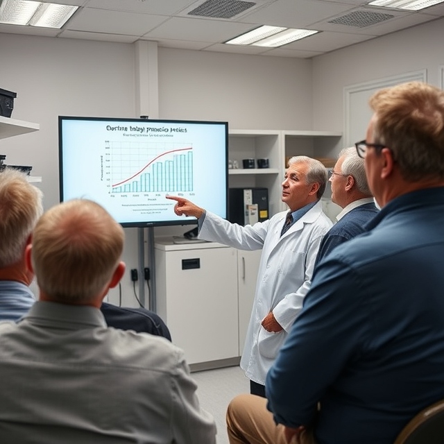 Picture a research scientist in a bright, modern lab, explaining the "obesity paradox" to an audience of middle-aged men. The scientist is pointing to a graph on a screen showing how overweight individuals tend to have a lower mortality rate than those who are underweight or at a normal weight. The men in the audience are engaged, some nodding thoughtfully, dressed in casual attire, symbolizing a relatable and approachable environment for people in their 40s and 50s.