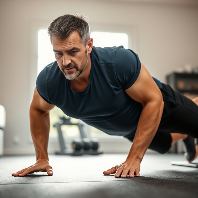  A man around 40, slightly sweaty but determined, is in the middle of a push-up. He has a muscular chest but still a slight dadbod belly, and he's wearing a dark blue fitted t-shirt and black workout shorts. His legs are straight, and his toes are digging into the ground, supporting his body weight. His face is set in concentration, and you can see the slight tremble of his muscles from exertion. He's working out in a clean home gym with sunlight streaming in through a window behind him.