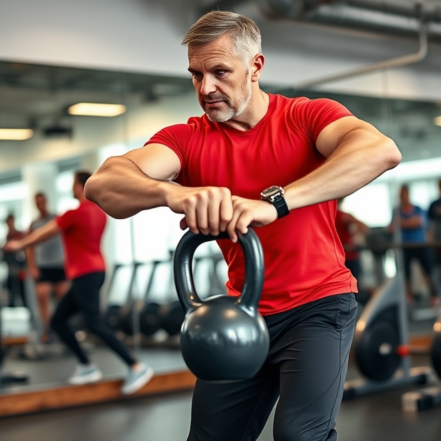 A mid-40s man, who is beginning to show more muscle definition, is mid-swing with a 35-lb kettlebell. His torso is slightly leaning forward, arms extended down, and the kettlebell is just below his waist, ready to be swung back up. He’s wearing a red moisture-wicking t-shirt that clings to his chest, with black athletic pants and grey sneakers. His expression shows exertion as beads of sweat roll down his face. He’s in a large, well-equipped gym, with mirrors behind him reflecting his form and other gym-goers in the background.