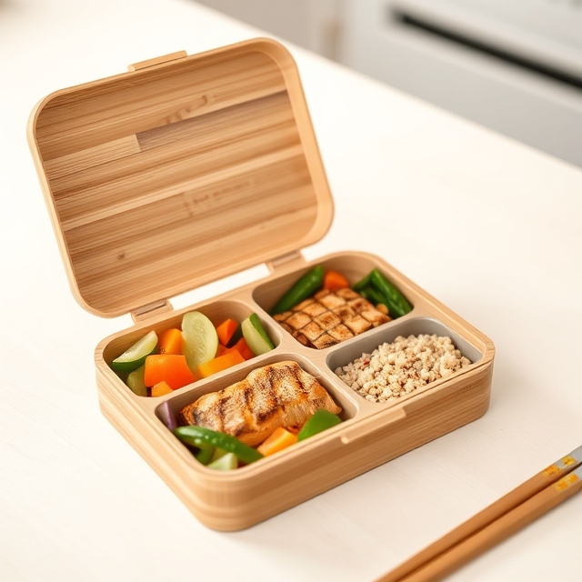 Compartmentalized bento box with healthy meal portions for on-the-go eating.