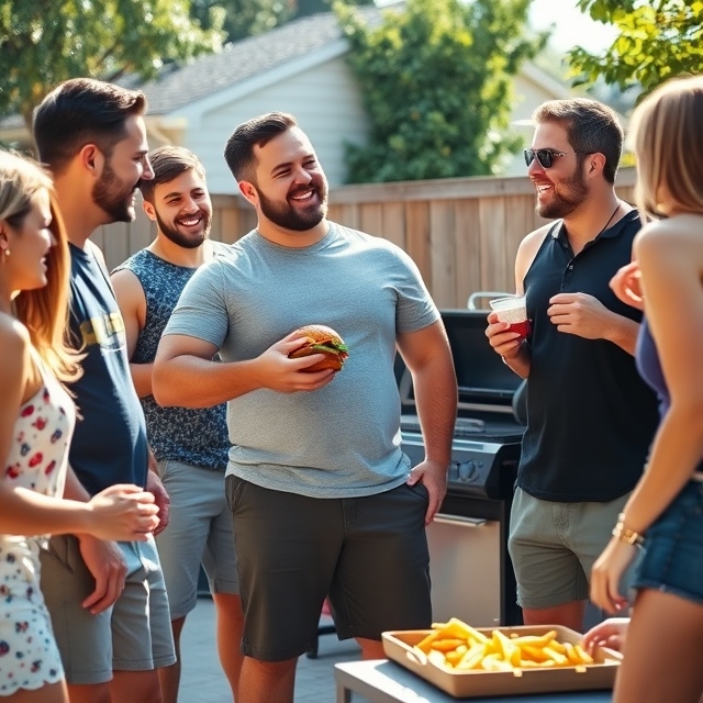 A group of friends at a backyard barbecue, laughing and enjoying food together. One man with a dad bod is holding a burger and laughing with his friends. He’s wearing casual shorts and a t-shirt, and his body looks relaxed and comfortable. The scene is full of lighthearted fun, with a grill in the background and summer sunshine illuminating the setting.