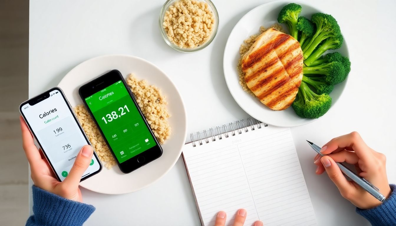 image of a balanced meal with a calorie-tracking app, illustrating the precise method of counting calories for weight management.