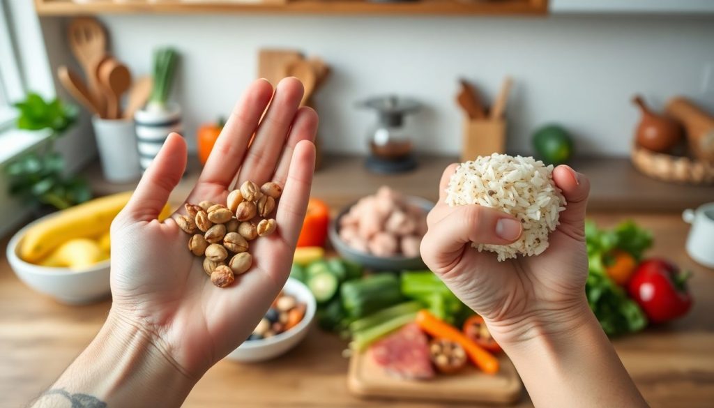 image demonstrating portion control using hand measurements, showing a practical and visual approach to managing food intake.