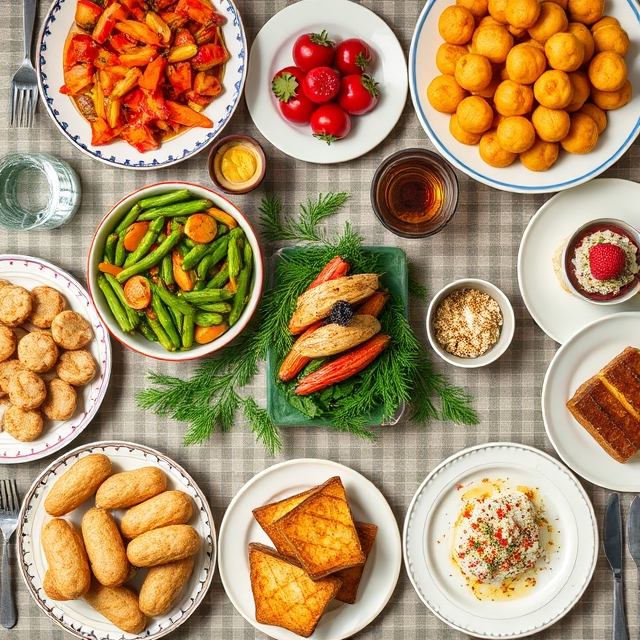 A vibrant holiday table showcasing both healthier options like roasted vegetables and lean proteins alongside festive treats, illustrating a balanced holiday meal