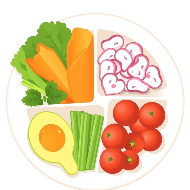 Picture of a balanced plate showing correct portions for a healthy meal.
