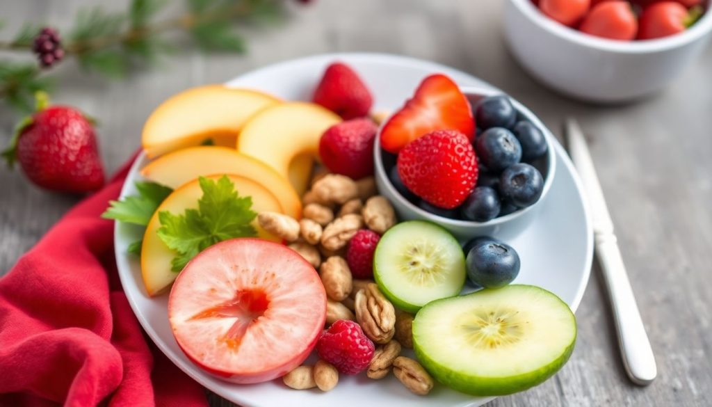 Photorealistic image of a healthy holiday snack plate with fresh fruits, nuts, and veggies, highlighting mindful eating as a key weight loss strategy during the holidays.
