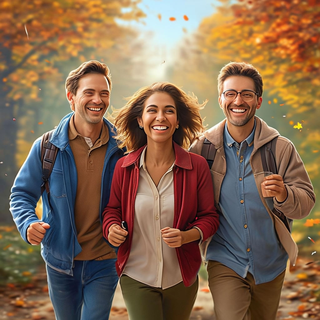 A photorealistic image of three people smiling and enjoying an outdoor walk together in a scenic winter setting, symbolizing community