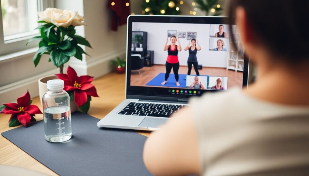 mage of a virtual group workout session during a holiday weight loss challenge, emphasizing accountability and festive motivation.