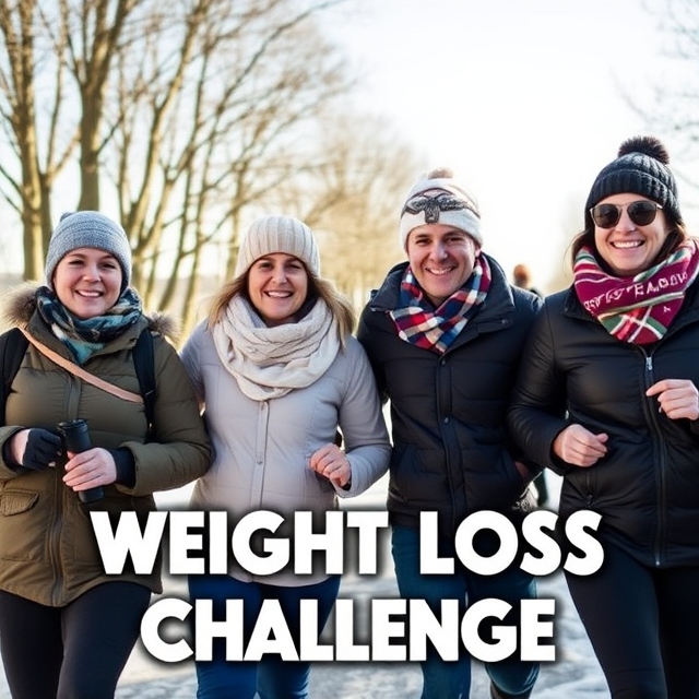 A group of friends outdoors on a brisk walk, dressed in cozy winter attire and smiling, symbolizing the supportive, social aspect of a weight loss challenge.