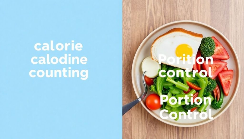 split-screen image comparing calorie counting with portion control, offering a side-by-side visual representation of both dietary strategies.