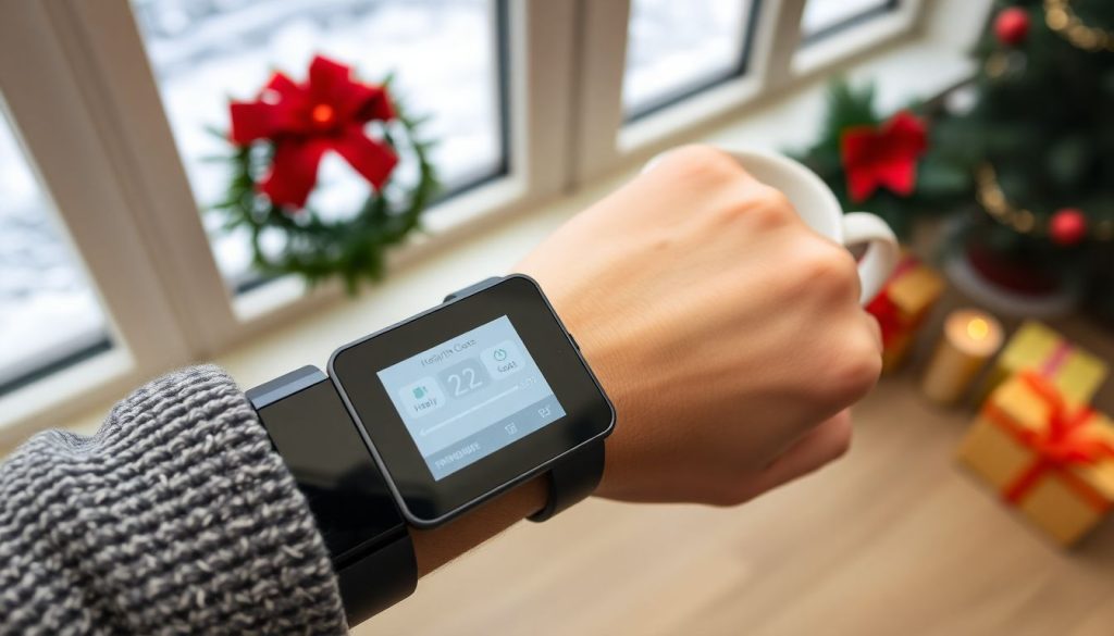 Photorealistic image of a fitness tracker displaying progress towards holiday weight loss goals, set against a cozy, festive backdrop
