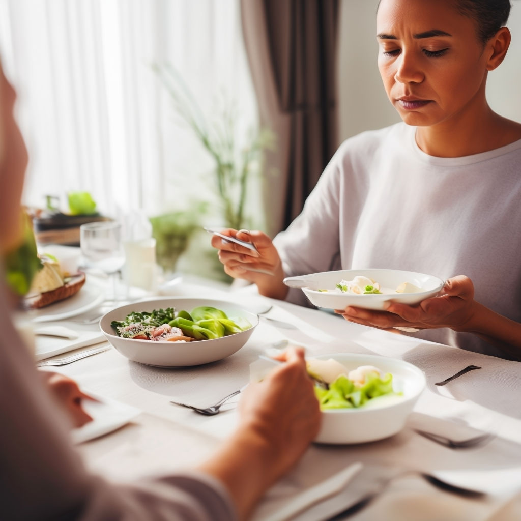 Individual practicing mindful eating at the dining table.