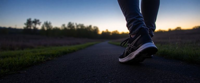 Worn sneakers rest on a quiet trail as the sun sets, capturing the calm power of daily steps.