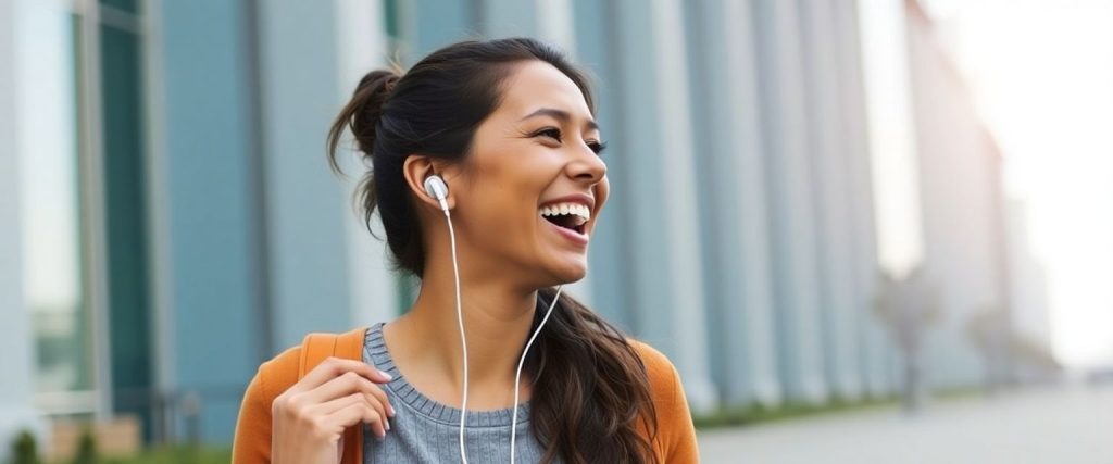 A woman cracks up mid-walk, earbuds in, enjoying a sunny street—proof walking can be a blast.