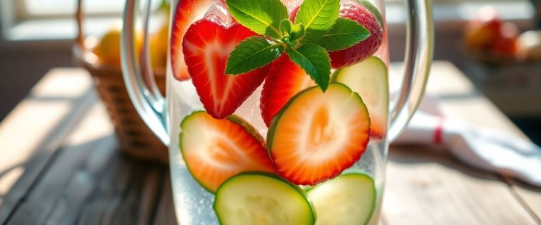 infused water, weight loss drink, healthy recipes, photorealistic water pitcher, detox water, cucumber strawberry mint, refreshing hydration, natural weight loss