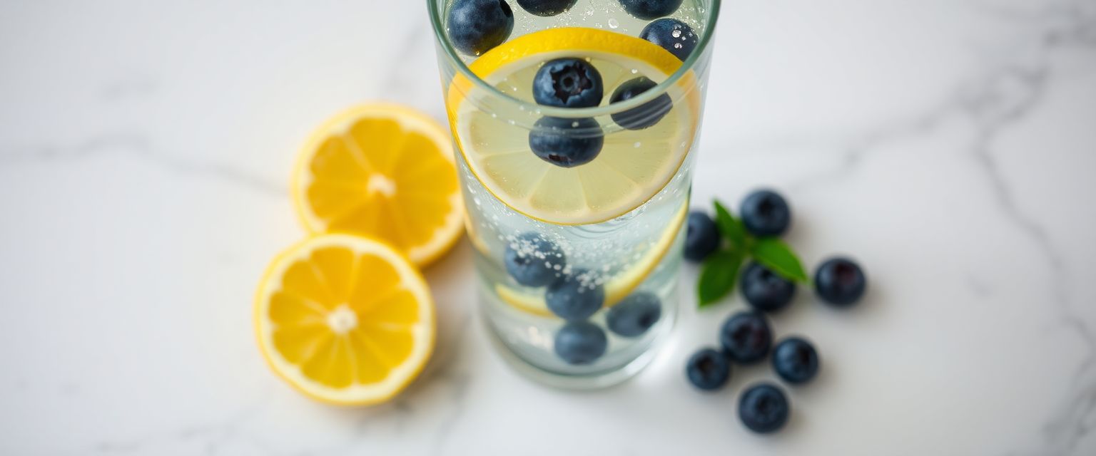 A high-angle shot of a tall glass of infused water with thin lemon slices and plump blueberries bobbing at the surface. The glass rests on a sleek marble countertop, with a single lemon half and a handful of scattered blueberries nearby